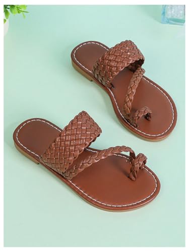 GORGLITTER Girl's Strappy Leather Flats Sandal Cute Braided Dressy Toe Ring Slip on Slide Sandals Brown 83