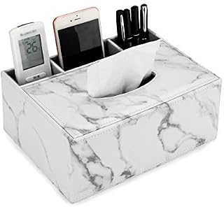 BSTKEY PU Leather Household Office Rectangular Tissue Box with Remote Control Storage Organizer Box (White Marble)