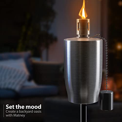 Matney Stainless Steel Outdoor Torches - 5 ft Tall - Decorative Garden & Yard Lights - Oil Lamp for Citronella - Fiberglass Wick & Snuffer Cap - Set of 2 (Cylinder) - Thumbnail 2