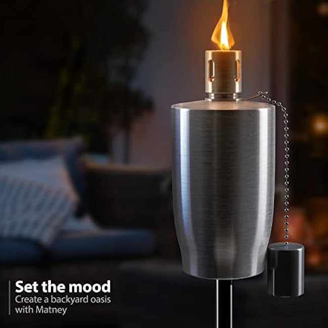 Matney Stainless Steel Outdoor Torches - Decorative Garden & Yard Lights - 5 ft Oil Lamp for Citronella - Fiberglass Wick & Snuffer Cap - Set of 4 (Cylinder)