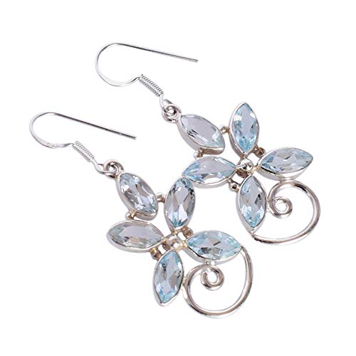 Pendientes colgantes plata ley 925 topacio azul natural joyería fina mujeres pendientes elegantes