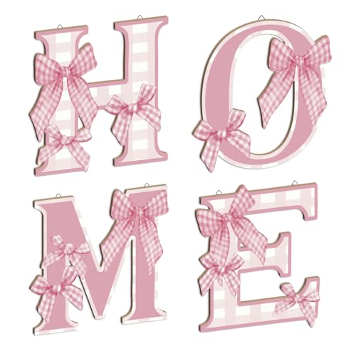 Putuo Decor HOME Wall Art Letters Set, HOME Letters Wall Decor with Pink Bow Design, HOME Letters Wall Sign, Rustic Hanging Signs for Living Room Bedroom Entryway Hallway