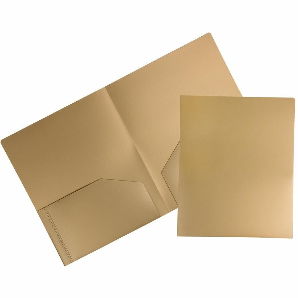 JAM PAPER Heavy Duty Plastic 2 Pocket Extra Tough School Folders - Gold - Bulk 48/Pack