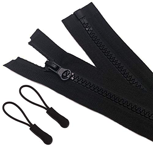 2pcs 20 inch Separating Bottom Zipper #5 Black Plastic Jacket Zippers with Zipper Pulls for Coats, Bags, Jackets, and Other Sewing Crafts (20 inch)