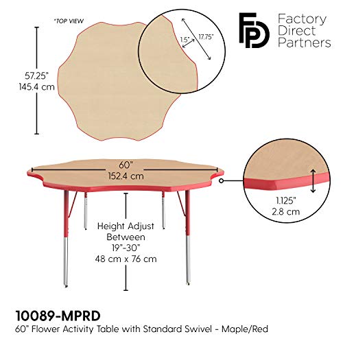 Image of FDP Flower Activity School and Office Table (60 inch), Standard Legs with Swivel Glides for Collaborative Seating Environments, Adjustable Height 19-30 inches - Maple Top and Red Edge
