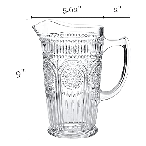 Kingrol 50 oz Glass Pitcher, Vintage Water Carafe Jug for Ice Tea, Homemade Juice, Beverages, Heat Resistant Borosilicate Glass Carafe for Hot/Cold Water