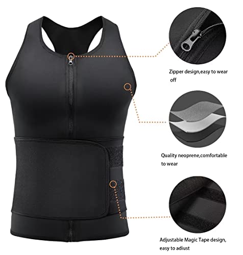 Hoplynn Sauna Suit For Men With Waist Trainer,Neoprene Hot Sweat Vest Zipper Body Shaper With Adjustable Sweat Belt Workout Tank Top Black X-Large #TOP4