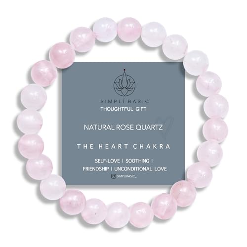 SIMPLÍ BASIC Natural Healing Crystal Gemstone Bracelet 8mm Beads, Womens & Mens, Beaded Bracelet Jewellery, Valentines,Birthday,Christmas Gift for Her and Him, 8 inches, Stone, Rose Quartz