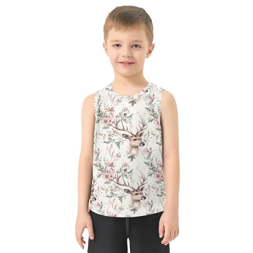 Boys Tank Top Shirts Lovely Deer Watercolor Flower Sleeveless T-Shirts Crew Neck for Kids Clothing Children2