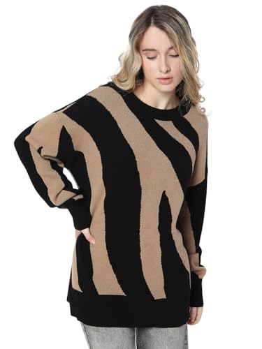 VERO MODA Damer Vmnancy Ls O-hals lång tröja Boo stickad tröja, Svart/detalj: w. Tigers Eye Animal Print, S