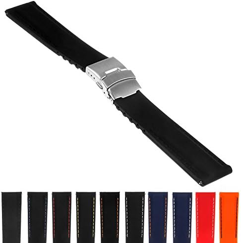 StrapsCo Rubber Watch Band with Stitching & Deployant Clasp - Quick Release Strap - 18mm 20mm 22mm 24mm (24mm, Black)