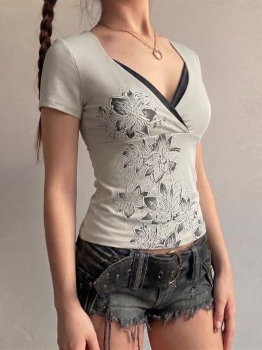 Image of EMMIOL Y2K Fairy Grunge Short Sleeve Shirts for Women Vintage Floral Graphic V Neck Cute Going Out Tops Emo Summer Tee