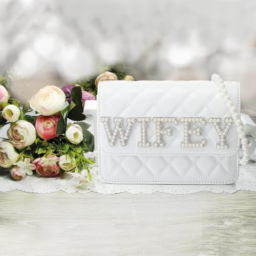 Image of Eccliy Bride Purse White Clutch Wifey Gift Mrs Bride Purse with Pearl Chain for Wedding Day Bridal Shower Gift Bachelorette