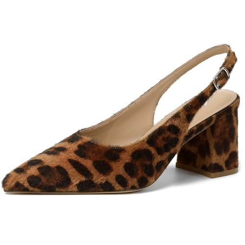 Mostrin Leopard Block Slingback Heels for Women Pointed Closed Toe Chunky Heels Office Work Shoes Women's Pumps for Business Casual