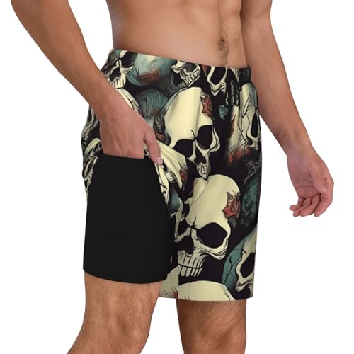 Skull Skeleton Print Mens Swim Shorts Trunks Inseam Compression Liner Quick Dry Zipper Pocket Black3
