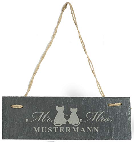 Feiner-Tropfen Türschild personalisiert mit Familiennamen Mr & Mrs Schiefer Deko für die Haustür Schiefertafel 30x10cm Cat Cover