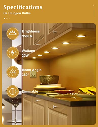 Halogen Light Bulbs, Doresshop 10 Pack G4 Bulb, Halogen Light Bulbs 2 Pin 12V 20W Jc T3 Bi-Pin G4 Base 350Lm Long Lifetime Dimmable 2700K Halogen Bulbs For Under Cabinet Puck Light, Chandeliers #TOP4