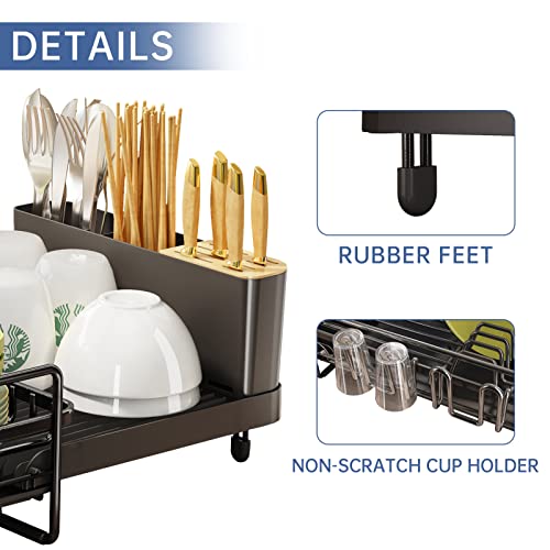 Pxrack Dish Drying Rack, Expandable(19.1"-26.9") Large Capacity Dish Rack And Drainboard Set, Stainless Steel Dish Drainers With Utensil Holder For Kitchen Counter, Black #TOP4