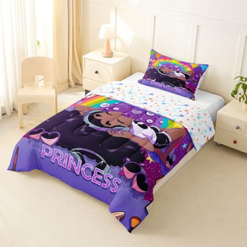 Image of Erosebridal Black Girls Comforter Set Magical African American Twin Bedding Set Rainbow Afro Pretty Girls Comforter Love Music Purple Girl Duvet Insert for Teens Kids Princess Cute Room Decor