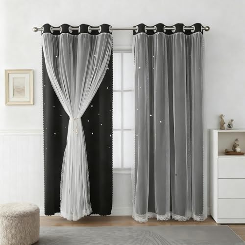 AOWELLOW 2 Panels Black Out Curtains 63 inches Long, Black