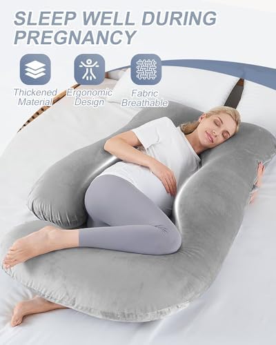 MOXTOYU Pregnancy Pillow for Sleeping, 53in 100% Cotton G-Shape Maternity pillow with Velvet Cover, Detachable & Washable Full Body Pillow for Pregnant Women, Support for Back, Legs, Belly, Hip - Grey