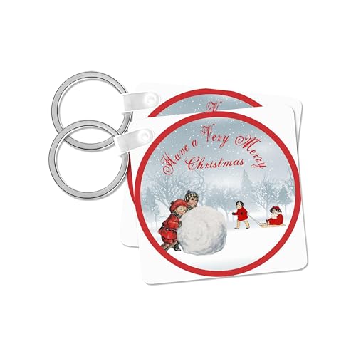 3dRose, Nostalgic Christmas Children Playing in the Snow, set of 2 Key Chains