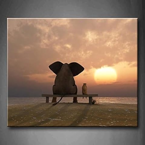 First Wall Art - Elephant and Dog Sit On A Summer Beach Wall Art Painting The Picture Print On Canvas Animal Pictures for Home Decor Decoration(Stretched by Wooden Frame,Ready to Hang) Cover