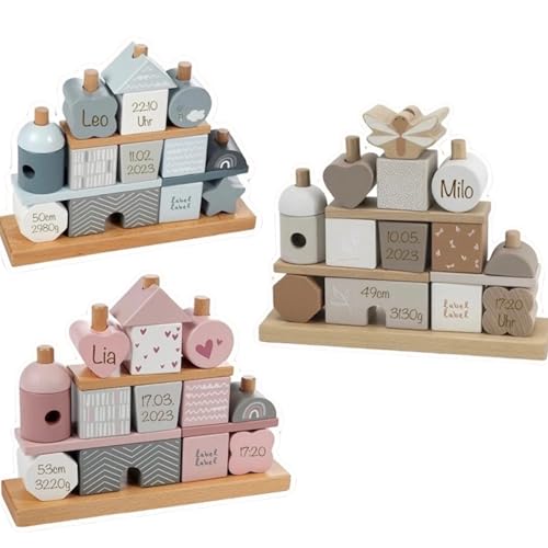 Maison de jeu à emboîter - Cadeau de naissance pour fille - Jouet en bois - Étiquettes personnalisées - Tour empilable avec nom et données de naissance - Amour unique - Bleu