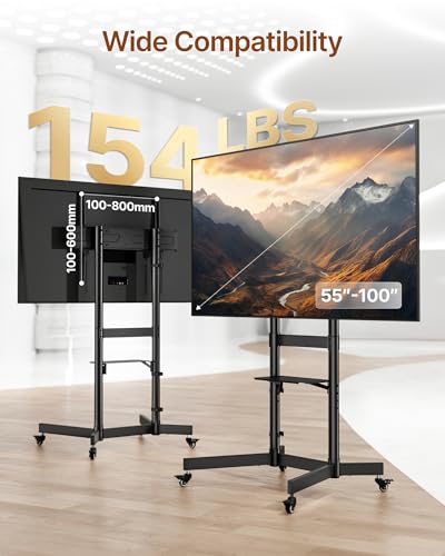 Image of Heavy-Duty Rolling TV Stand for 55-100 inch Screens - Supports 165 lbs, Stable Mobile TV Cart with Shelf & Locking Wheels, Max VESA 800x600mm, Black