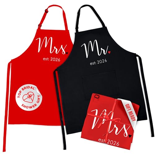 Prazoli Products Mr Mrs Apron Set - Engagement Gifts, Wedding & Bridal Shower Gifts for Couple (Mr. & Mrs. Est: 2026 - Red, Standard)