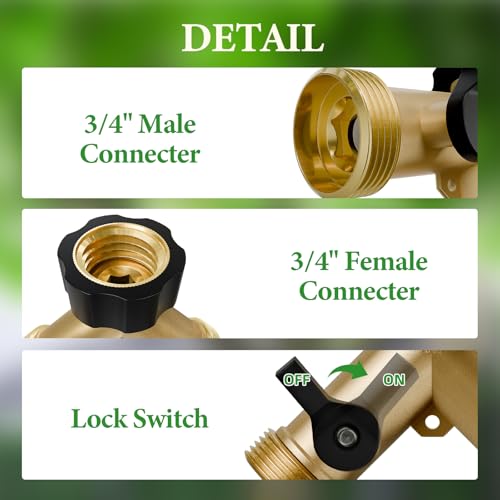 ENNSOO Garden Hose Adapter 2 Way Heavy Duty, Brass Garden Hose Adapter, Y Brass Garden Hose Connector with 2 Extra Rubber Washers, Hose Bib Splitter, Hose Spigot, Rust-Resistant Finish & Zero Leaks