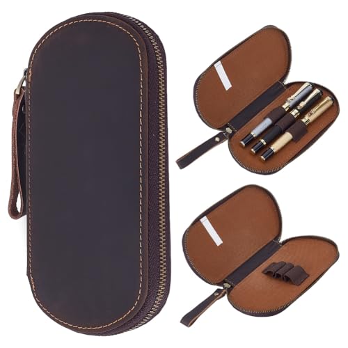 PLIGREAT Estojo de couro para caneta, bolsa vintage para lápis com zíper, marrom, feita à mão, bolsa organizadora para homens, mulheres, artistas, estudantes, escritório em casa, café