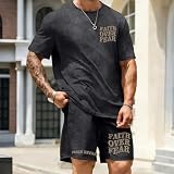 QISSYILY Men's Christian Shirt and Shorts Set Oversized Faith Over Fear T Shirt Washed Religious Bible Verse 2 Piece Outfits(Black,XL)