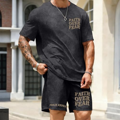 QISSYILY Men's Christian Shirt and Shorts Set Oversized Faith Over Fear T Shirt Washed Religious Bible Verse 2 Piece Outfits(Black,XL)