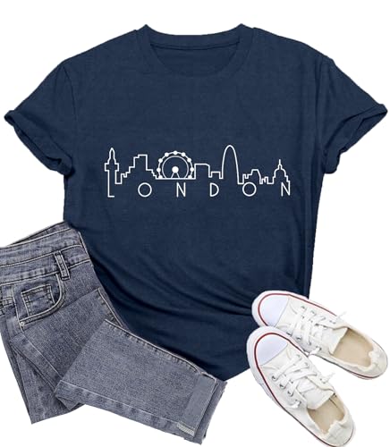 Potia London Shirts for Women European City London British T-Shirt UK England Travel Tee Tops Blue