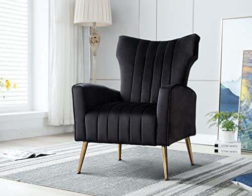 Artechworks Curved Tufted Accent Chair With Metal Gold Legs Velvet Upholstered Arm Club Leisure Modern Chair For Living Room Bedroom Patio， Black #TOP3