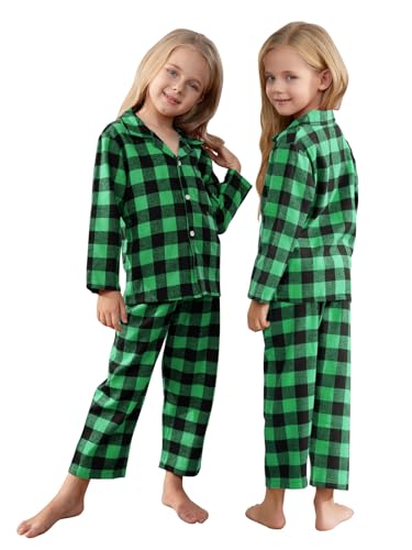 Schbbbta Kids Plaid Pajamas Set, Girls Boys 2 Pcs Pajamas Set Long Sleeve Sleepwear Button Down Pjs Black Green2