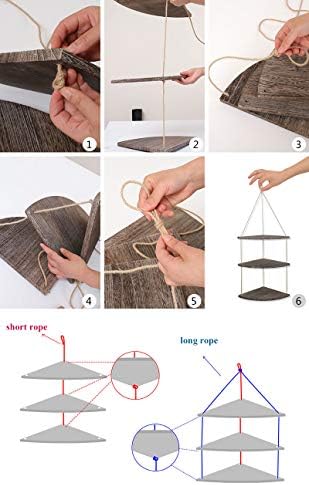 YunNasi Floating Shelf Wall Corner Hanging Wooden Shelves with Rope Rustic Style Wall Decoration Floating Rack for Living Room Kitchen Bathroom (3 Tier)