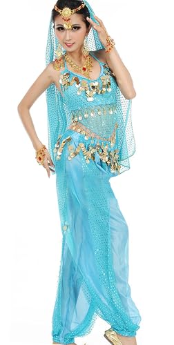Astage Damen Bauchtanz Kostüme Set Indischer Tanz Darbietungen Kleidung, Himmelblau, Fits DE 32-40