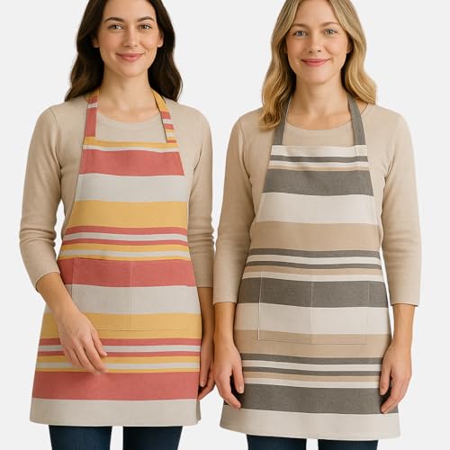 Image of Unisex Cooking Aprons | Waterproof Apron | Striped Design with 2 Front Pockets & Adjustable Neck Strap | Durable, Oil & Stain Resistant | Chef Apron for Cooking