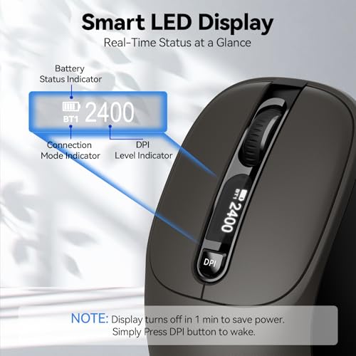 TECKNET Wireless Mouse with LED Display, [ BT5.2+BT5.0+2.4G ] Computer Mouse, Type-C Rechargeable with Vision, 4800DPI Computer Mice, Silent Click, Tri-Mode Bluetooth Mouse for Laptop, iPad, MacBook — view 2