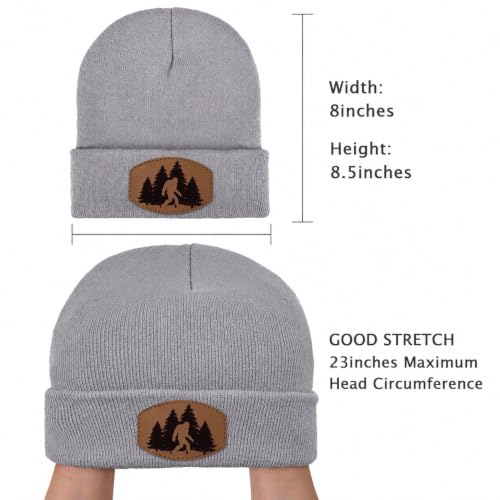 Image of Big Foot Beanie Hat, Sasquatch Leather Patch Winter Knit Skull Cap Bigfoot Gifts for Adult Men Women