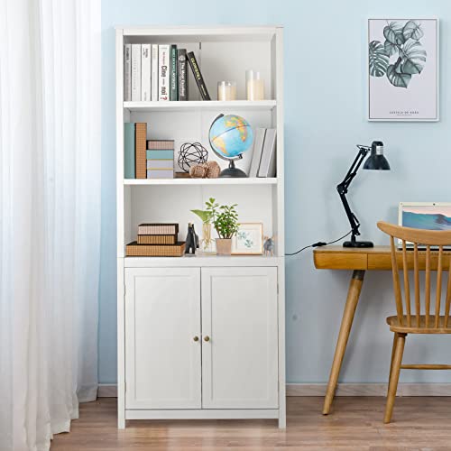 Tangkula Bookcase with Doors, 3 Tier Open Book Shelving, Freestanding Wooden Display Bookcase with Double Doors, Ideal for Home Office Living Room, Library with Doors, White Finish (White) - Thumbnail 2