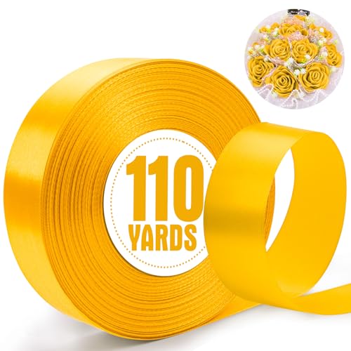 XSEINO 110 Yards Ribbon,1-1/2 Inch Golden Satin Ribbon for Flower Bouquet, Gift Wrapping, Ribbons for Crafts, Hair Bows Making, Wedding Party Decoration, Sewing, Invitation Cards, Christmas, Wreath