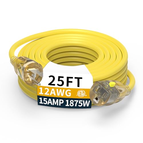 25FT 12/3 Gauge Heavy Duty Outdoor Extension Cord Waterproof Weatherproof -58F to 140F with Lighted Outlet & Press-Release Lock 15A 1875W 3 Prong SJTW Electrical Power Cord ETL Listed (Yellow)
