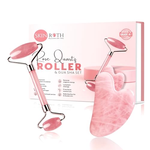 Image of Grade A+ Rose Quartz Roller & Gua Sha Set-Natural Love Stone for Anti-Aging, Wrinkle Reduction, Puffiness Relief, Jade Facial Massager, Beauty Glowing Skincare Gift Tool (Light Pink)