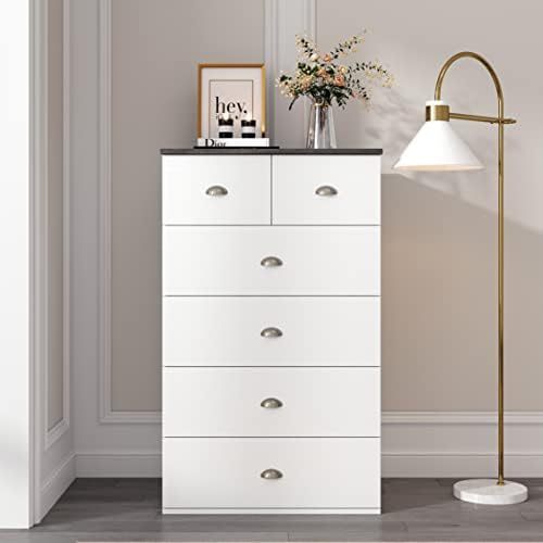 Anjiaqianmo 6-Drawer Dresser, Wood Storage Dresser Cabinet with 2-Top Chest of Drawers, White & Dark Gray