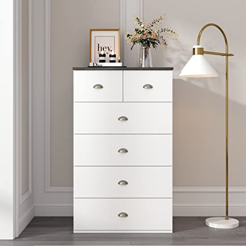 Anjiaqianmo 6-Drawer Dresser, Wood Storage Dresser Cabinet With 2-Top Chest Of Drawers, White & Dark Gray #TOP27