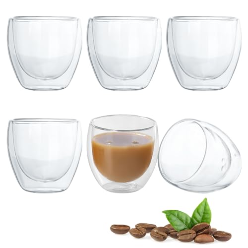 HENGBIRD Espressotassen Glas 6er Set Espresso Gläser Thermogläser Doppelwandige Gläser Hitzebeständig mit Schwebeeffekt Tassen Dessertgläser Glas Mokkatassen aus Borosilikatglas 80ml