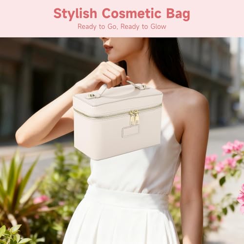 Makeup Vanity Bag for Women - Large Capacity Cosmetic Organizer with Removable Liner, Waterproof PU Leather Skincare Bag, Portable Chic Cosmetic Make Up Case for Skincare, Accessories,StyleB, Beige by OMISTAR - Image 7